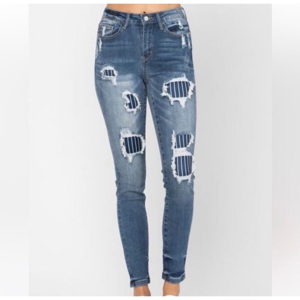 Judy Blue Pinstripe Patch Skinny Jeans Women’s Size 9/29 *EUC